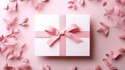 Gift box with pink ribbon on a soft pink background with leaves.