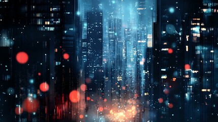 Fototapeta premium Abstract urban nightscape background with glowing skyscraper windows, blurred streetlights and soft bokeh dots