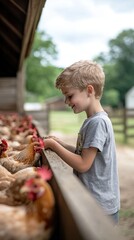 A young boy interacts with chickens at a farm, showcasing a moment of joy and connection.