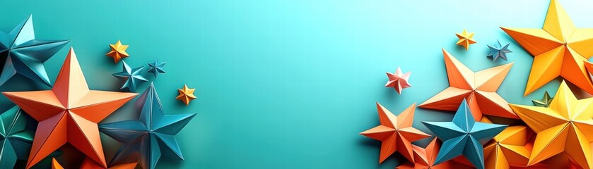 Colorful paper stars on a teal background, festive decorative elements.