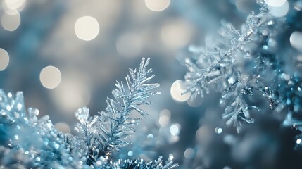 Abstract winter background with frosted white tones, icy blue sparkles and soft shimmering bokeh lights resembling falling snowflakes