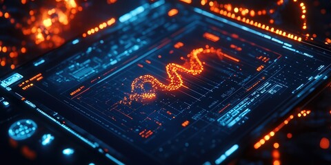 Fototapeta premium High-tech data dashboard with glowing orange wave graph and futuristic interface elements, highlighting innovation, analytics, and digital technology trends in an advanced design.