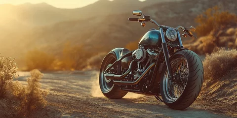  Chopper motorcycle with extended handlebars, sitting on a dusty trail. The rugged setting highlights freedom, adventure, and the classic appeal of a custom bike.