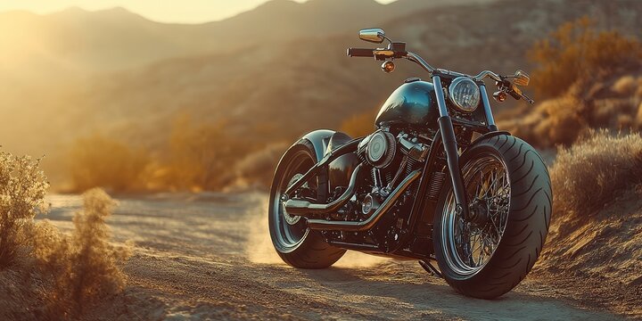  Chopper motorcycle with extended handlebars, sitting on a dusty trail. The rugged setting highlights freedom, adventure, and the classic appeal of a custom bike.