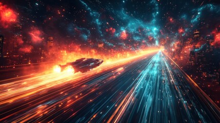 Obraz premium A futuristic spacecraft speeds through a vibrant, cosmic landscape filled with colorful lights.