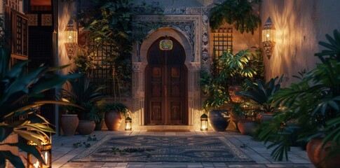 Obraz premium Abstract Islamic interior with lanterns, arches, doors and plants, blurred background. Ramadan Lantern. Background for Ramadan Kareem Greeting card, banner, wallpaper. 