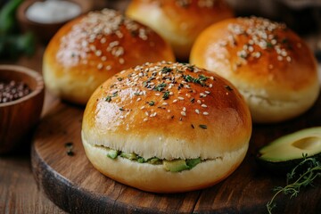 baked avocado bread sweet bun, beautifully arranged on a rustic wooden board. The warm, golden-brown surface