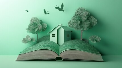 A green landscape emerging from an open book.