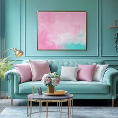 Modern Living Room Design Featuring Pastel Colors and Contemporary Decor With a Cozy Couch and Stylish Artwork on the Wall