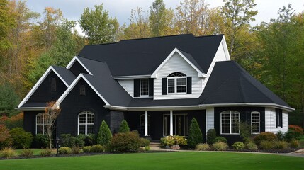 A spacious residential home features a black roof and crisp white siding, enveloped by vibrant foliage and meticulously landscaped gardens, radiating charm and elegance in a peaceful locale.