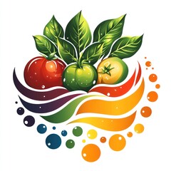 Colorful Tomatoes and Green Leaves with Rainbow Waves
