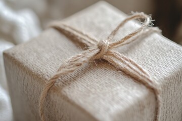 Macro shot of a recycled paper gift box wrapped with natural twine, Earth Day eco-friendly wrapping, clean and stylish.