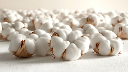 Close-up of fluffy cotton bolls on a white surface.