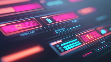 A vibrant, futuristic interface displaying various digital elements in neon colors, suggesting advanced technology and data visualization.