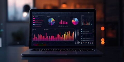  Laptop icon displaying an analytics dashboard with colorful graphs and charts, representing performance tracking in digital campaigns. The design conveys technology and strategic insights.