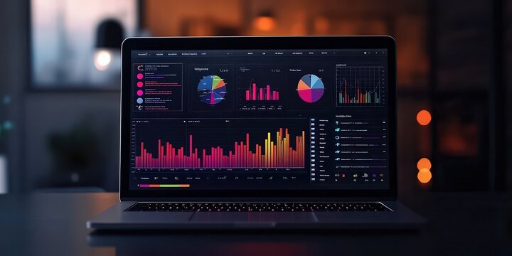  Laptop icon displaying an analytics dashboard with colorful graphs and charts, representing performance tracking in digital campaigns. The design conveys technology and strategic insights.