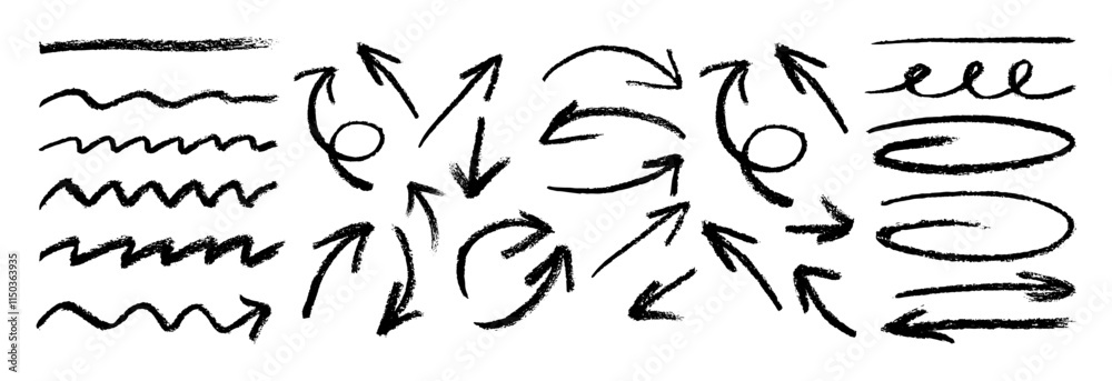 Fototapete black charcoal arrows strokes different forms. set of lines elements on white background. rough char