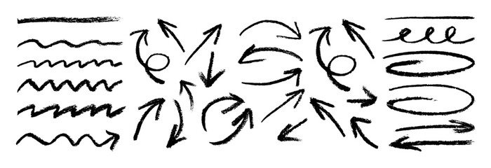 Black charcoal arrows strokes different forms. Set of lines elements on white background. Rough charcoal arrows and ovals. Brush elements for notes and underlining in text