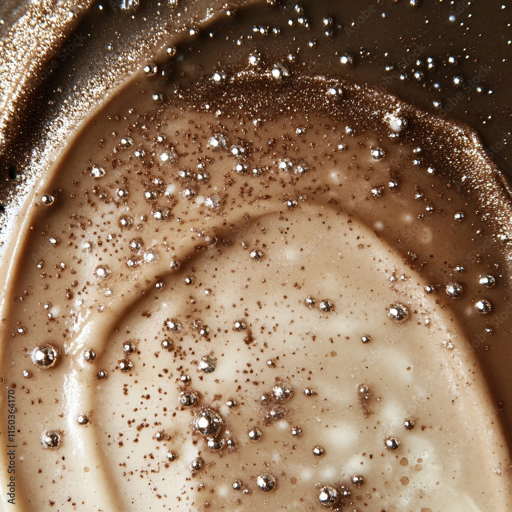 Poster golden sparkles in brown liquid texture with bubbles and shimmering elements
