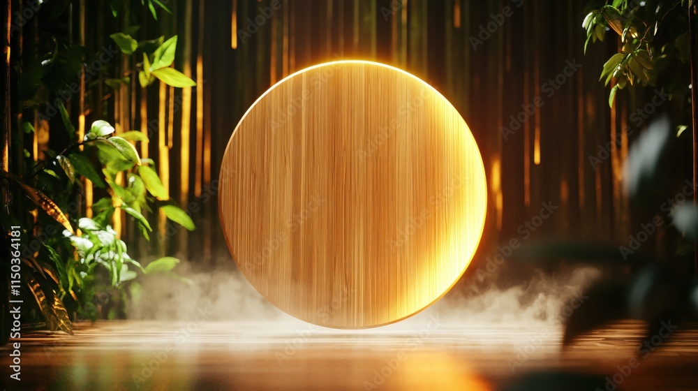 Poster illuminated circular object surrounded by lush green foliage