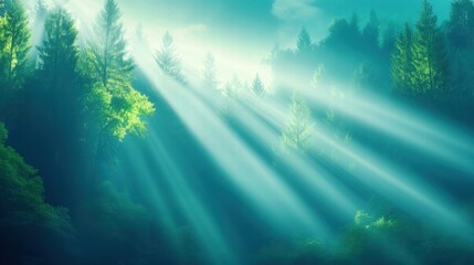 Obraz premium Sunlight beams filtering through lush forest foliage, creating a serene atmosphere.