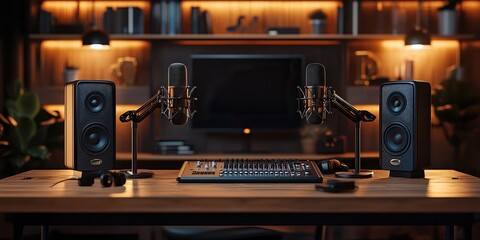 Fototapeta premium Professional recording setup with microphones, speakers, and computer monitor on sleek desk. Elegant design and warm lighting make perfect environment for audio production or podcasting.
