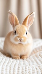 Obraz premium A cute, fluffy rabbit sitting on a cozy blanket, showcasing its adorable features.