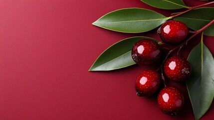 A bunch of red berries with green leaves on a red background