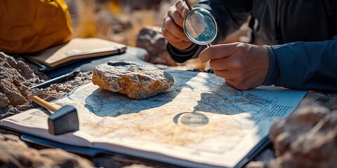 Fototapeta premium Scientist analyzing a rock sample in a desert field station under bright sunlight. The setting emphasizes research, exploration, and the study of natural environments.