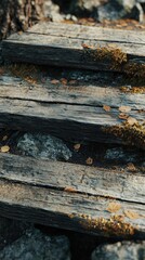 Obraz premium Weathered Wooden Steps Surrounded by Moss and Fallen Leaves