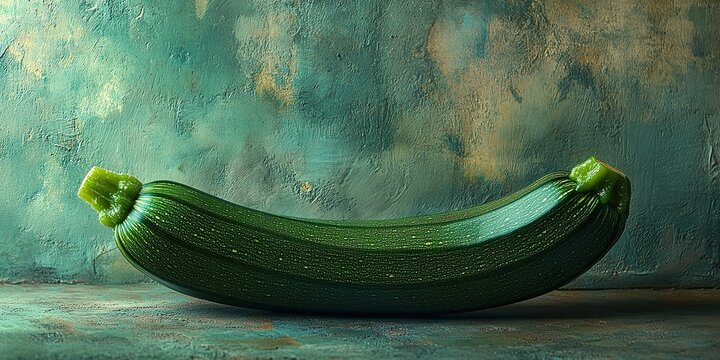  Single zucchini lying diagonally with its smooth, dark green skin and a light green tip. The fresh, natural vegetable highlights simplicity and healthy eating.