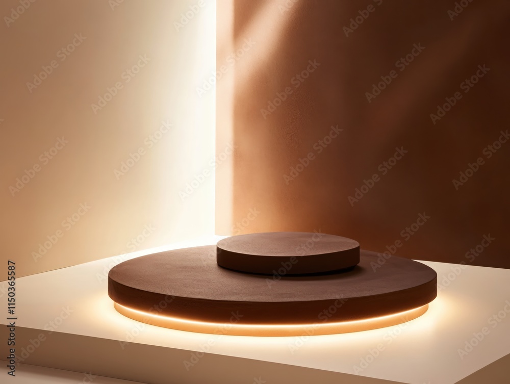 Poster minimalist display platform with dramatic lighting and geometric shapes