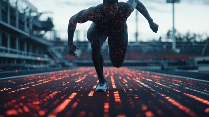 Athlete in starting blocks, digital overlay.
