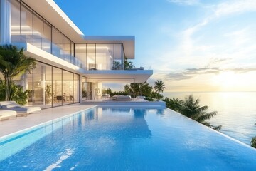 Fototapeta premium Sleek modern villa with an infinity pool overlooking a serene coastal landscape and open sky