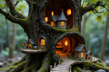 Fototapeta premium Tiny Village Inside a Hollowed-Out Tree with Glowing Windows and Miniature Bridges