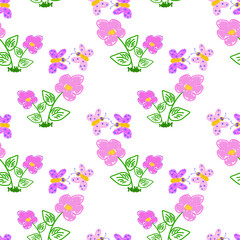 Cheerful seamless pattern featuring hand-drawn pink flowers and colorful butterflies on a white background.