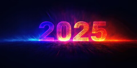  Neon-glowing numbers 2025 in vibrant blue and orange with radiant light effects. Futuristic design evokes optimism, celebration, and energy for New Year and upcoming innovations.