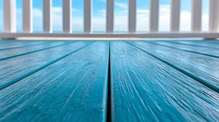 A close up of a wooden deck with a blue sky in the background