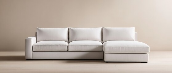 Sofa luxury durable concept. Modern light-colored sectional sofa against a beige wall, ideal for contemporary living spaces.