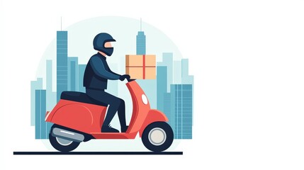 Delivery Scooter Rider in Urban Cityscape with Package for Shipping