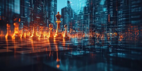 Fototapeta premium Chessboard blending into futuristic cityscape with glowing orange and blue lights. Reflective surfaces and digital overlays evoke themes of strategy, technology, and urban intelligence.