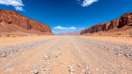 Fototapeta premium A dirt road in the middle of a desert with mountains in the background