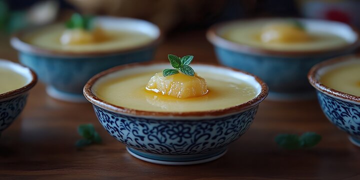  Asida dessert in small serving bowls, the smooth, pudding-like texture of the spiced sweet is topped with melted butter and sugar syrup for an authentic Emirati experience.