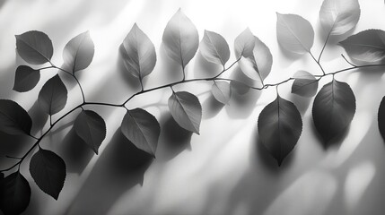 Black and white leaves cast shadows on a wallpaper, creating an abstract pattern with natural plant silhouettes and an art deco aesthetic