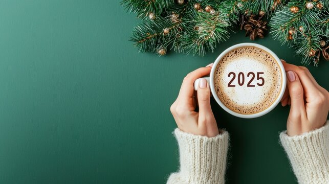 Happy New Year 2025 theme number 2025 over frothy surface of cappuccino served in white coffee mug holding by female hands on green background. Holidays food art, new year new you. (top view)