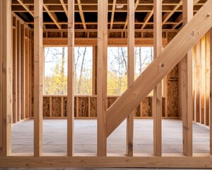 Blueprint overlay showing house framework, structural beams, scaffolding and walls in progress