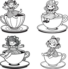 Little girl sitting on top of a large teacup set line art silhouette vector illustration