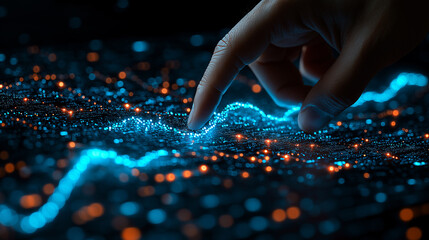 Business concept and finance investment analysis market chart cryptocurrency exchange A person points his finger at the chart