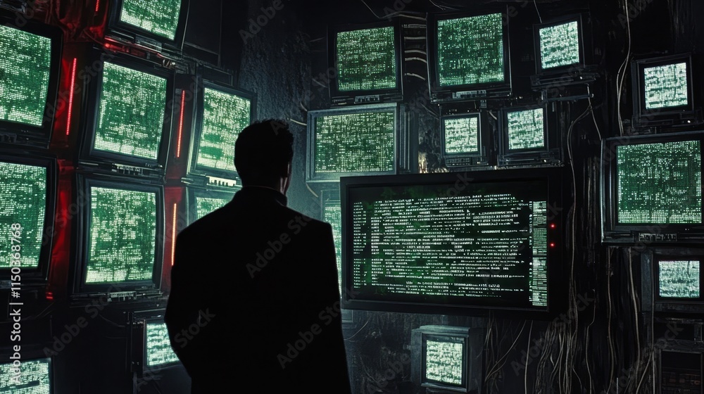 Poster observing data streams on multiple screens in a dark room with a silhouette figure immersed in techn