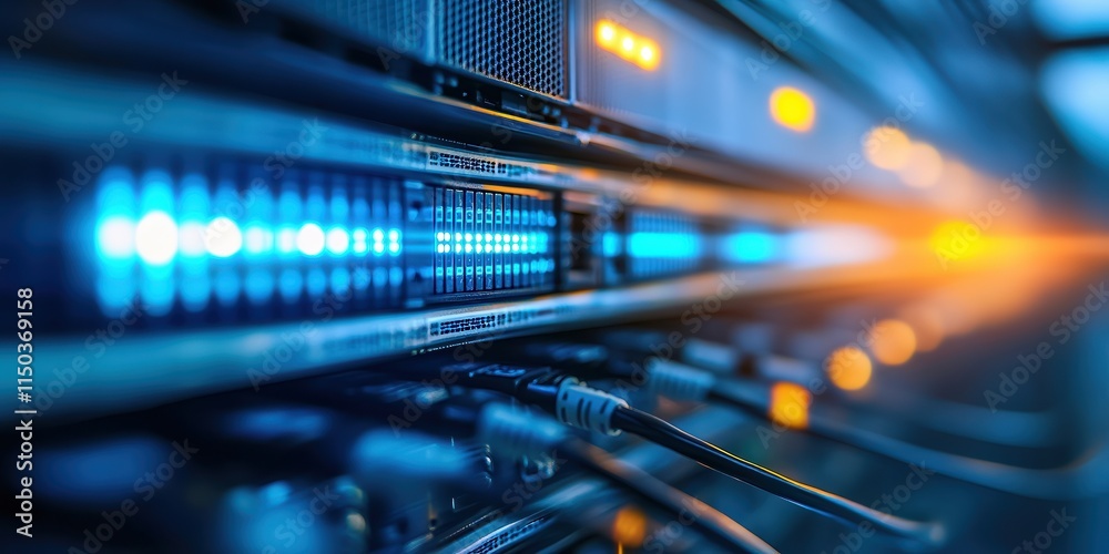 Wall mural close-up of illuminated server rack with glowing blue and orange lights. high-tech network cables an